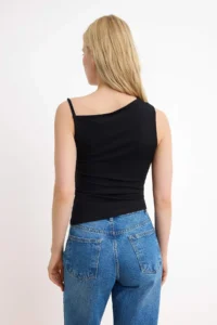 TRENDYOLMİLLA Black Fitted Asymmetric Collar Sleeveless Cotton Flexible Knitting Blouse - Image 4