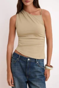 TRENDYOLMİLLA Mink Fitted Asymmetric Collar Sleeveless Cotton Flexible Knitting Blouse - Image 3