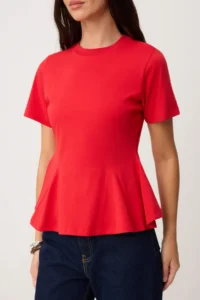 TRENDYOLMİLLA Red Plain peplum Crew Neck Standard Sleeve Short 100% Cotton Knitting Blouse - Image 3