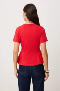 TRENDYOLMİLLA Red Plain peplum Crew Neck Standard Sleeve Short 100% Cotton Knitting Blouse - Image 4