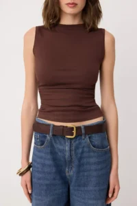 TRENDYOLMİLLA Brown Fitted Boat Neck Sleeveless Soft Knitting Blouse - Image 3