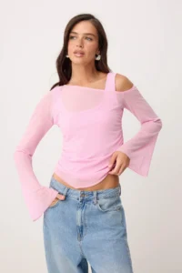 TRENDYOLMİLLA Light Pink Fitted Asymmetric Collar Double Look Shirred Tulle Knitting Blouse