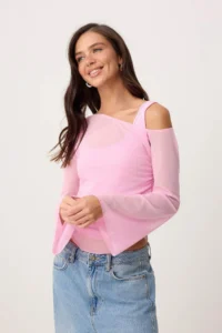 TRENDYOLMİLLA Light Pink Fitted Asymmetric Collar Double Look Shirred Tulle Knitting Blouse - Image 2