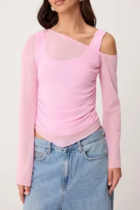TRENDYOLMİLLA Light Pink Fitted Asymmetric Collar Double Look Shirred Tulle Knitting Blouse - Image 3