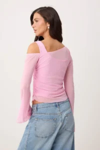 TRENDYOLMİLLA Light Pink Fitted Asymmetric Collar Double Look Shirred Tulle Knitting Blouse - Image 4