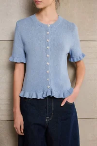 TRENDYOLMİLLA Light Blue Teen Light Blue Flower Button Detailed Crew Neck Knitwear Blouse - Image 3