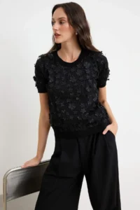 TRENDYOLMİLLA Black Three-dimensional Floral Detailed and Tulle Blouse - Image 3