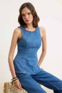 TRENDYOLMİLLA Mavi Sleeveless peplum 100% Cotton DENIM Blouse - Image 2