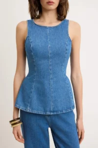TRENDYOLMİLLA Mavi Sleeveless peplum 100% Cotton DENIM Blouse - Image 3