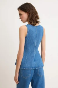 TRENDYOLMİLLA Mavi Sleeveless peplum 100% Cotton DENIM Blouse - Image 4