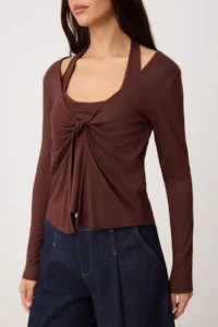 TRENDYOLMİLLA Brown Plain Fitted V-neck Standard Sleeve LONG Premium Soft Knitting Blouse - Image 3