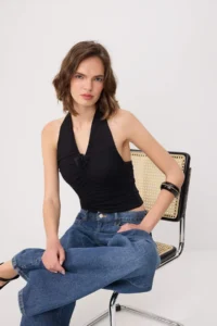 TRENDYOLMİLLA Black Fitted Barbell Neck with accessories Soft Knitting Blouse - Image 2