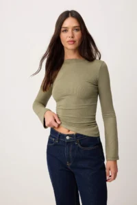 TRENDYOLMİLLA Khaki Fitted Boat Neck Long Sleeve Soft Knitting Blouse - Image 2