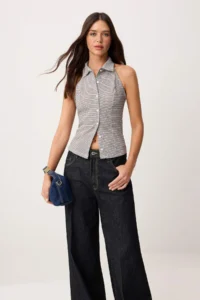 TRENDYOLMİLLA Multicolored Striped Fitted Polo Shirt Collar buttoned Sleeveless textured Knitting Blouse