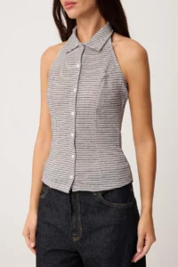 TRENDYOLMİLLA Multicolored Striped Fitted Polo Shirt Collar buttoned Sleeveless textured Knitting Blouse - Image 3