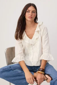 TRENDYOLMİLLA WHITE Ruffle Detailed Self Patterned Weaving Blouse - Image 2