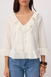 TRENDYOLMİLLA WHITE Ruffle Detailed Self Patterned Weaving Blouse - Image 3