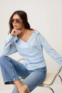 TRENDYOLMİLLA Light Blue Boat Neck Poplin Weaving Blouse - Image 2