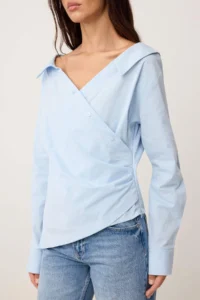 TRENDYOLMİLLA Light Blue Boat Neck Poplin Weaving Blouse - Image 3