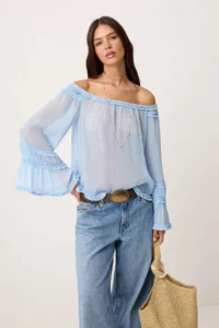 TRENDYOLMİLLA Light Blue Standard Bodysuit Ruffle Detailed Transparent Weaving Blouse