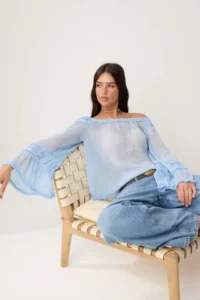 TRENDYOLMİLLA Light Blue Standard Bodysuit Ruffle Detailed Transparent Weaving Blouse - Image 2