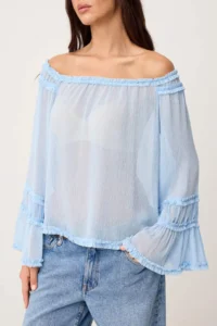 TRENDYOLMİLLA Light Blue Standard Bodysuit Ruffle Detailed Transparent Weaving Blouse - Image 3