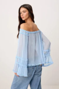 TRENDYOLMİLLA Light Blue Standard Bodysuit Ruffle Detailed Transparent Weaving Blouse - Image 4