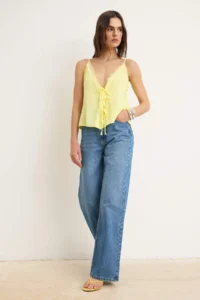 TRENDYOLMİLLA Yellow Deep V-neck Lace and Binding Detailed Weaving Blouse - Image 2