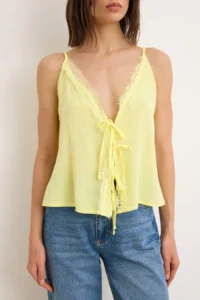 TRENDYOLMİLLA Yellow Deep V-neck Lace and Binding Detailed Weaving Blouse - Image 3