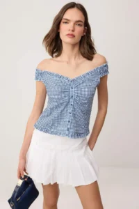 TRENDYOLMİLLA Mavi Checkered Tyre Detailed Weaving Blouse