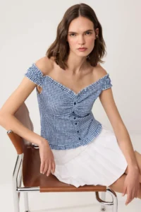 TRENDYOLMİLLA Mavi Checkered Tyre Detailed Weaving Blouse - Image 2