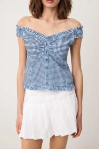 TRENDYOLMİLLA Mavi Checkered Tyre Detailed Weaving Blouse - Image 3