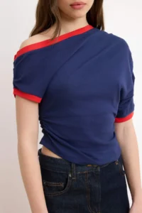 TRENDYOLMİLLA Navy Blue Plain Fitted Asymmetric Yaka Drop Sleeve Short Crop Cotton Rib Knitting Blouse - Image 3