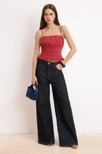 TRENDYOLMİLLA Navy Blue Plain Fitted Asymmetric Yaka Drop Sleeve Short Crop Cotton Rib Knitting Blouse - Image 5