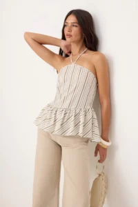 TRENDYOLMİLLA Multicolored Striped Weaving peplum Blouse - Image 2