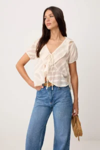 TRENDYOLMİLLA Cream Frilly Front Binding Detailed Transparent Weaving Blouse - Image 2