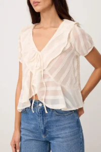 TRENDYOLMİLLA Cream Frilly Front Binding Detailed Transparent Weaving Blouse - Image 3