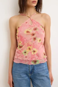 TRENDYOLMİLLA Multicolored Floral Fitted Barbell Collar Thin Sleeveless Sleeveless Tulle Knitting Blouse - Image 3
