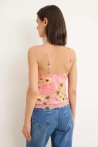 TRENDYOLMİLLA Multicolored Floral Fitted Barbell Collar Thin Sleeveless Sleeveless Tulle Knitting Blouse - Image 4