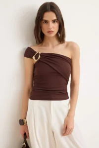 TRENDYOLMİLLA Brown Fitted Asymmetric Collar Sleeveless Soft Knitting Blouse