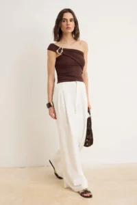 TRENDYOLMİLLA Brown Fitted Asymmetric Collar Sleeveless Soft Knitting Blouse - Image 2