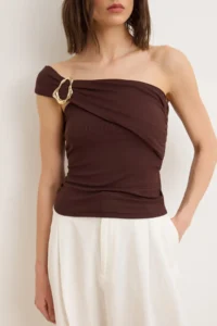 TRENDYOLMİLLA Brown Fitted Asymmetric Collar Sleeveless Soft Knitting Blouse - Image 3