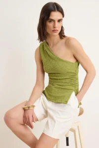 TRENDYOLMİLLA Oil Green Fitted Asymmetric Collar Sleeveless textured Knitting Blouse