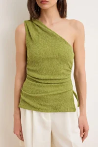 TRENDYOLMİLLA Oil Green Fitted Asymmetric Collar Sleeveless textured Knitting Blouse - Image 3