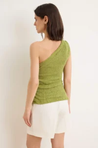 TRENDYOLMİLLA Oil Green Fitted Asymmetric Collar Sleeveless textured Knitting Blouse - Image 4