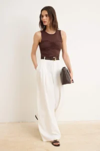 TRENDYOLMİLLA Brown Plain Fitted Crew Neck Sleeveless Shirred Flexible Knitting Blouse - Image 2