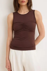 TRENDYOLMİLLA Brown Plain Fitted Crew Neck Sleeveless Shirred Flexible Knitting Blouse - Image 3