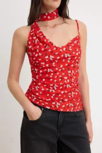 TRENDYOLMİLLA Red Geometric Patterned Scarf Detailed Blouse - Image 3
