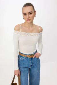 TRENDYOLMİLLA Ecru Plain Fitted Carmen Collar LONG Lace Detailed Premium Soft Knitting Blouse