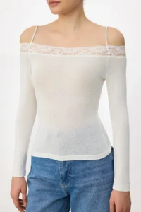 TRENDYOLMİLLA Ecru Plain Fitted Carmen Collar LONG Lace Detailed Premium Soft Knitting Blouse - Image 3